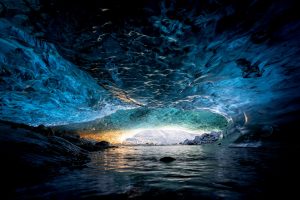 Sunrise inside Sapphire Ice Cave in Iceland